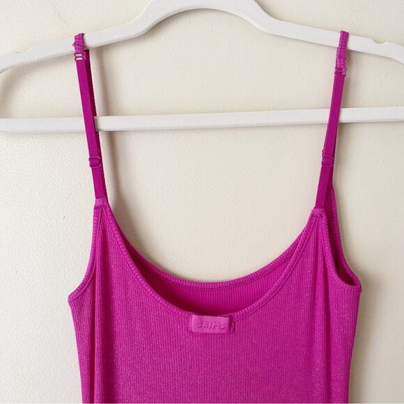 SKIMS | Ribbed Long Slip Maci Dress Fuchsia Foil Pink Shimmer Lounge Large - Picture 7 of 8